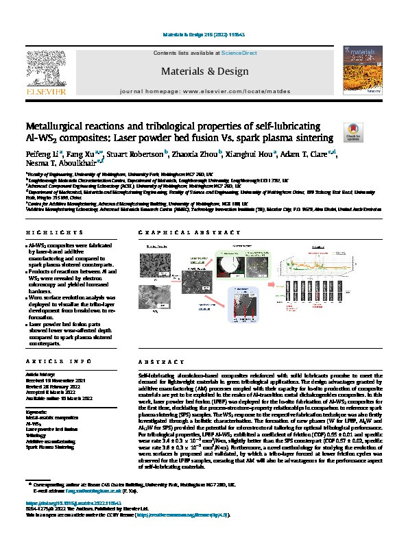 Metallurgical reactions and tribological properties of self-lubricating Al-WS2 composites: Laser powder bed fusion Vs. spark plasma sintering Thumbnail