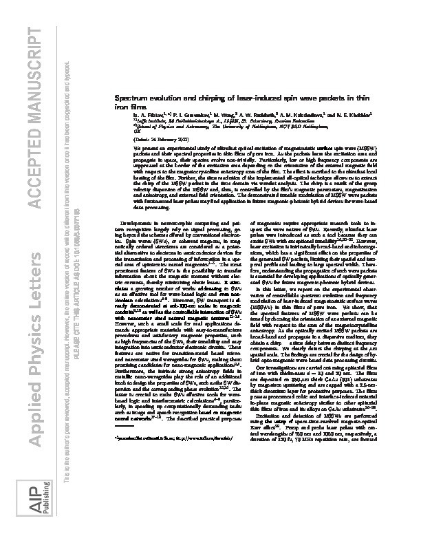 Spectrum evolution and chirping of laser-induced spin wave packets in thin iron films Thumbnail