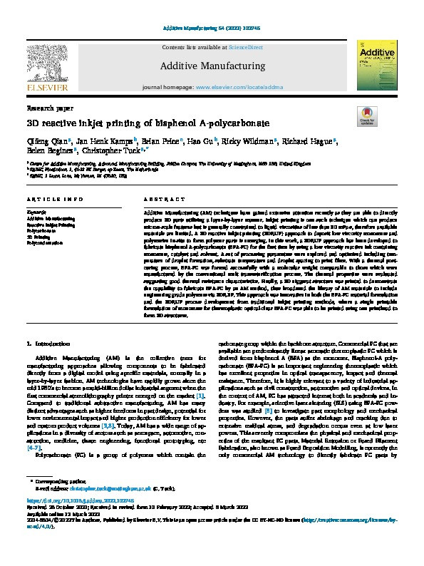 3D reactive inkjet printing of bisphenol A-polycarbonate Thumbnail