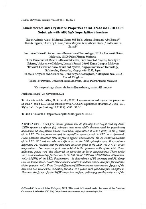 Luminescence and Crystalline Properties of InGaN-based LED on Si Substrate with AlN/GaN Superlattice Structure Thumbnail