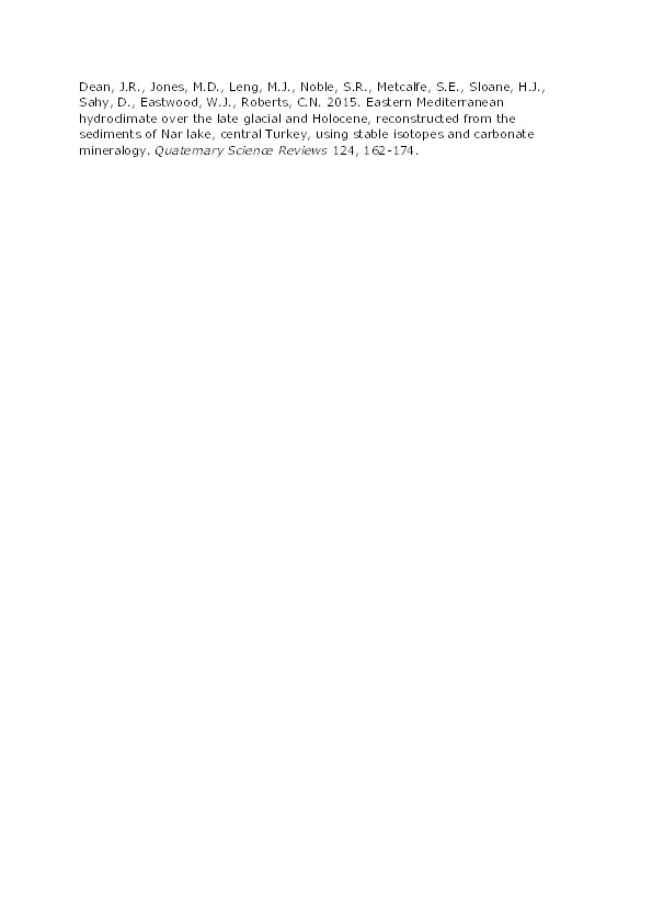 Eastern Mediterranean hydroclimate over the late glacial and Holocene, reconstructed from the sediments of Nar lake, central Turkey, using stable isotopes and carbonate mineralogy Thumbnail