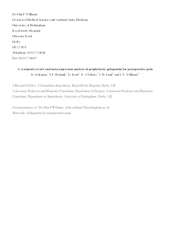 A systematic review and meta-regression analysis of prophylactic gabapentin for postoperative pain Thumbnail