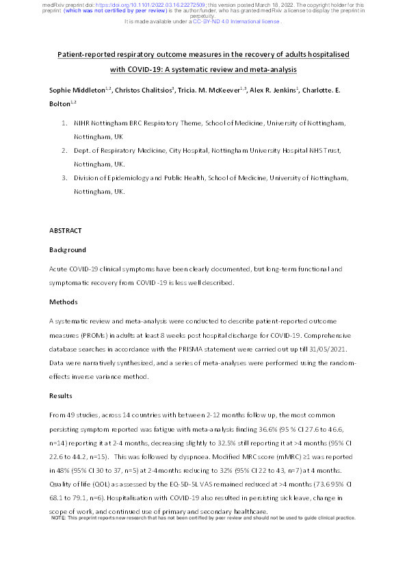 Patient-reported respiratory outcome measures in the recovery of adults hospitalised with COVID-19: A systematic review and meta-analysis Thumbnail