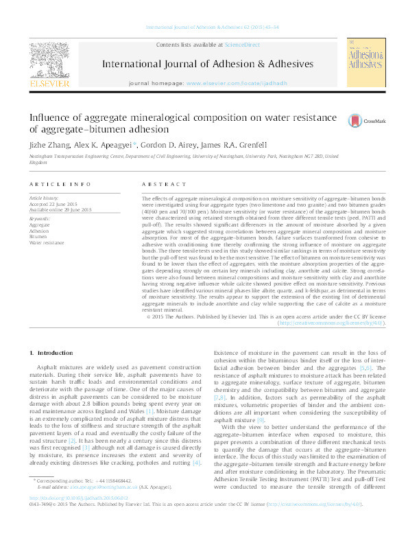 Influence of aggregate mineralogical composition on water resistance of aggregate–bitumen adhesion Thumbnail