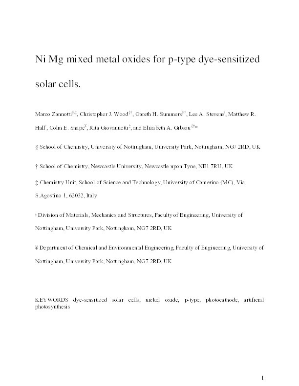 Ni Mg Mixed Metal Oxides for p-Type Dye-Sensitized Solar Cells Thumbnail