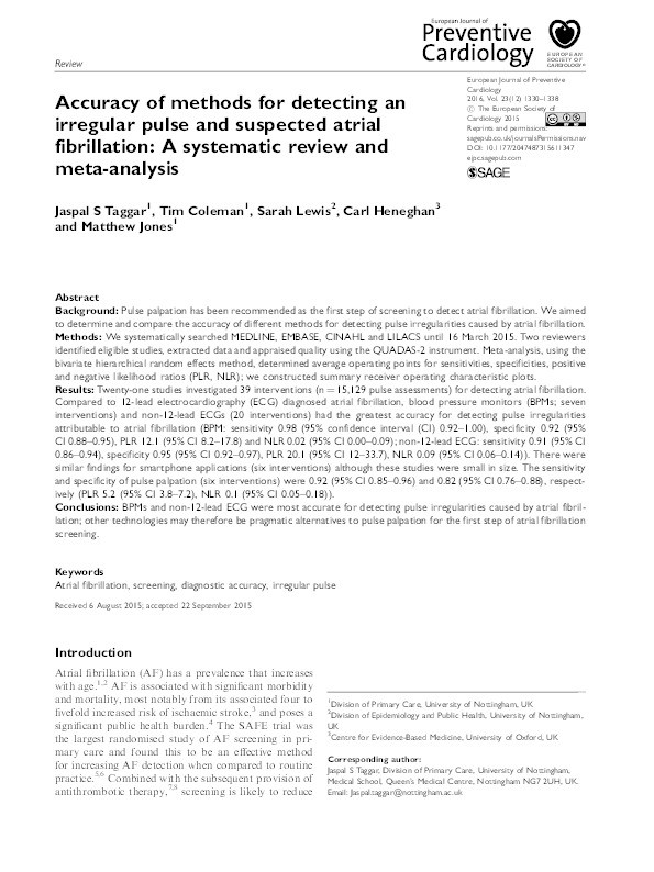 Accuracy of methods for detecting an irregular pulse and suspected atrial fibrillation: a systematic review and meta-analysis Thumbnail