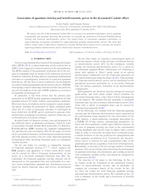 Generation of quantum steering and interferometric power in the dynamical Casimir effect Thumbnail