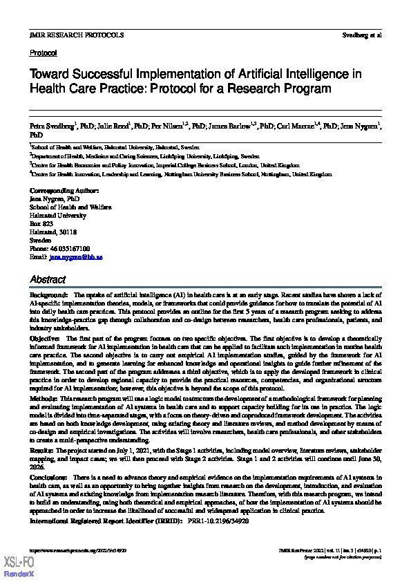 Toward Successful Implementation of Artificial Intelligence in Health Care Practice: Protocol for a Research Program Thumbnail