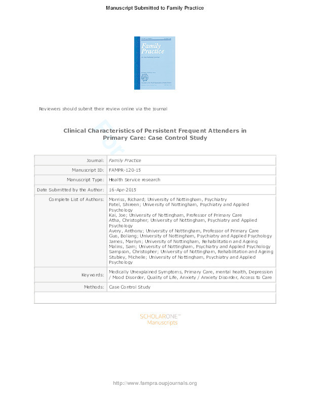 Clinical characteristics of persistent frequent attenders in primary care: case–control study Thumbnail