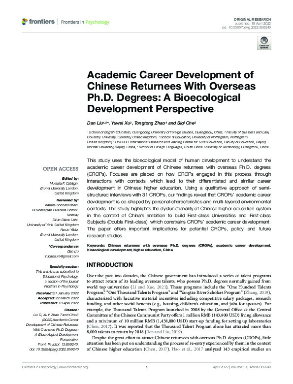 Academic Career Development of Chinese Returnees With Overseas Ph.D. Degrees: A Bioecological Development Perspective Thumbnail