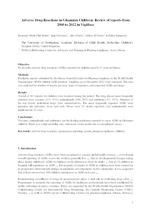 Adverse drug reactions in Ghanaian children: review of reports from 2000 to 2012 in VigiBase Thumbnail