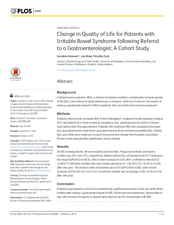 Change in quality of life for patients with irritable bowel syndrome following referral to a gastroenterologist: a cohort study Thumbnail