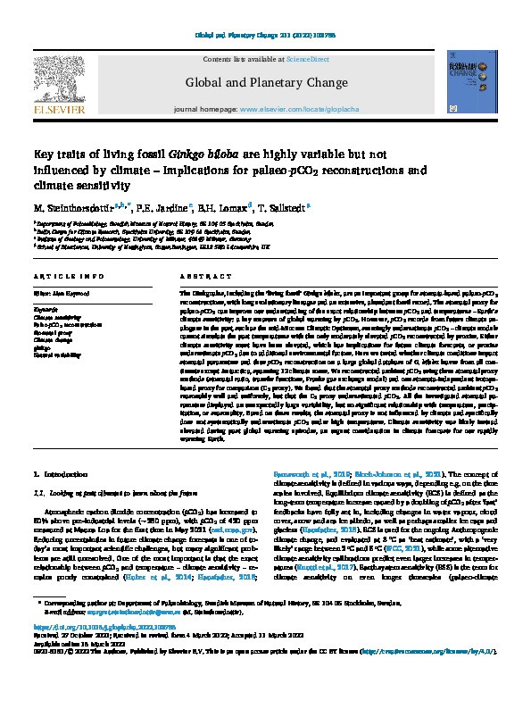 Key traits of living fossil Ginkgo biloba are highly variable but not influenced by climate – Implications for palaeo-pCO2 reconstructions and climate sensitivity Thumbnail