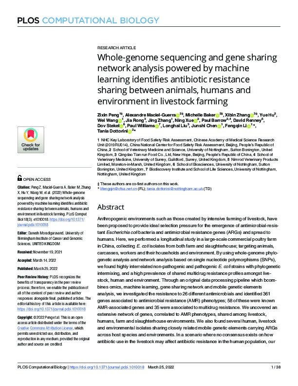 Whole-genome sequencing and gene sharing network analysis powered by machine learning identifies antibiotic resistance sharing between animals, humans and environment in livestock farming Thumbnail