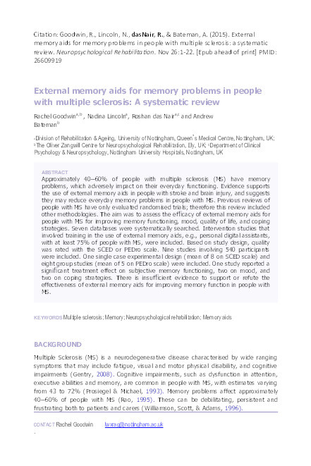 External memory aids for memory problems in people with multiple sclerosis: A systematic review Thumbnail