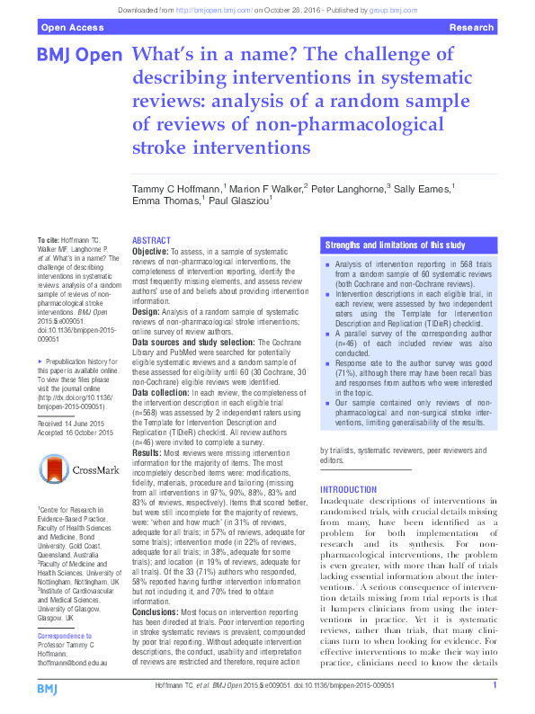 What’s in a name? The challenge of describing interventions in systematic reviews: analysis of a random sample of reviews of non-pharmacological stroke interventions Thumbnail
