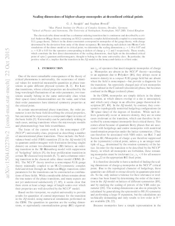 Scaling dimensions of higher-charge monopoles at deconfined critical points Thumbnail