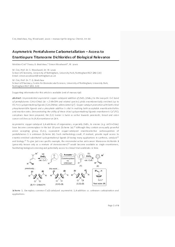 Asymmetric pentafulvene carbometalation-access to enantiopure titanocene dichlorides of biological relevance Thumbnail