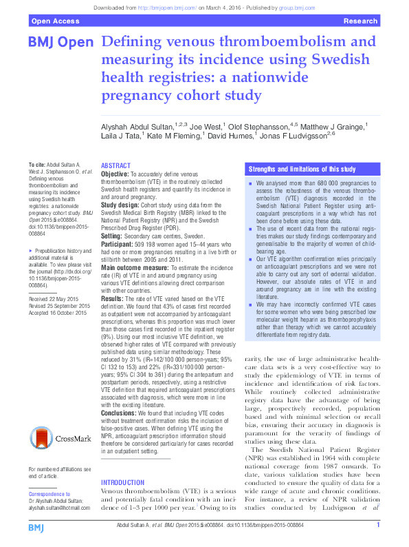 Defining venous thromboembolism and measuring its incidence using Swedish health registries: a nationwide pregnancy cohort study Thumbnail