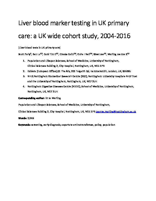 Liver blood marker testing in UK primary care: a UK wide cohort study, 2004-2016 Thumbnail