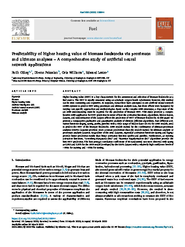 Predictability of higher heating value of biomass feedstocks via proximate and ultimate analyses – A comprehensive study of artificial neural network applications Thumbnail