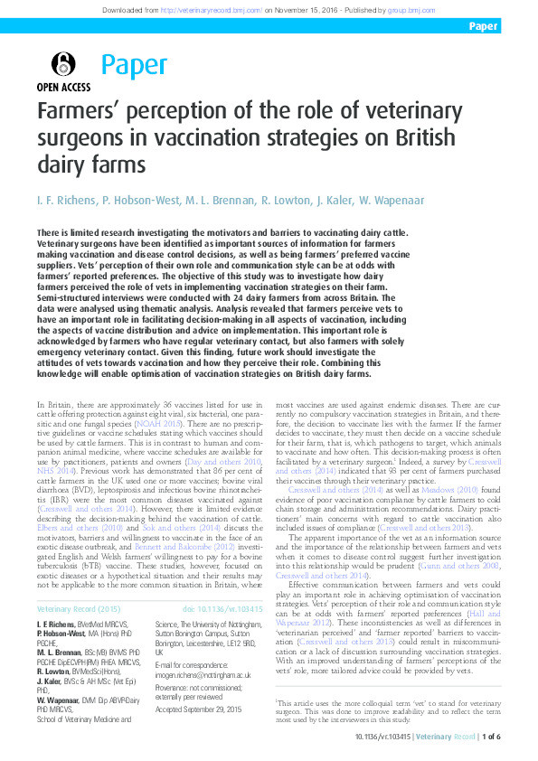 Farmers’ perception of the role of veterinary surgeons in vaccination strategies on British dairy farms Thumbnail