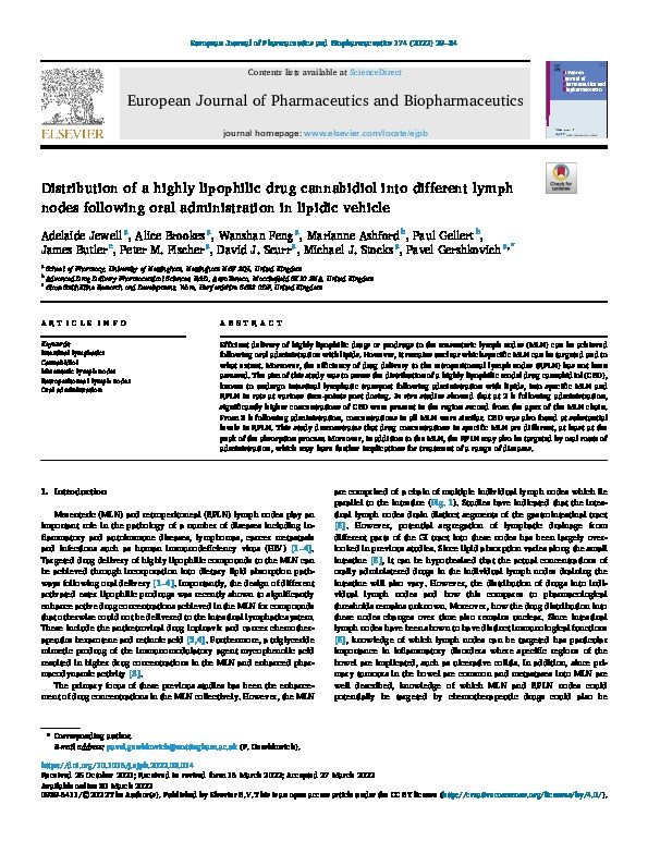 Distribution of a highly lipophilic drug cannabidiol into different lymph nodes following oral administration in lipidic vehicle Thumbnail