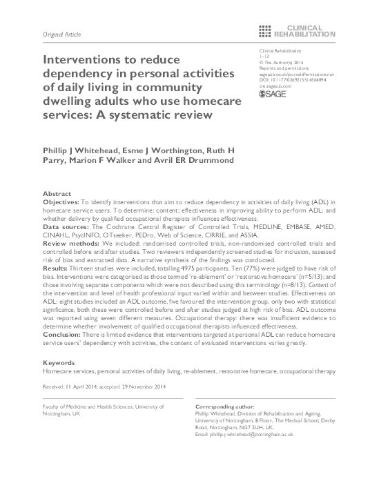 Interventions to reduce dependency in personal activities of daily living in community dwelling adults who use homecare services: a systematic review Thumbnail