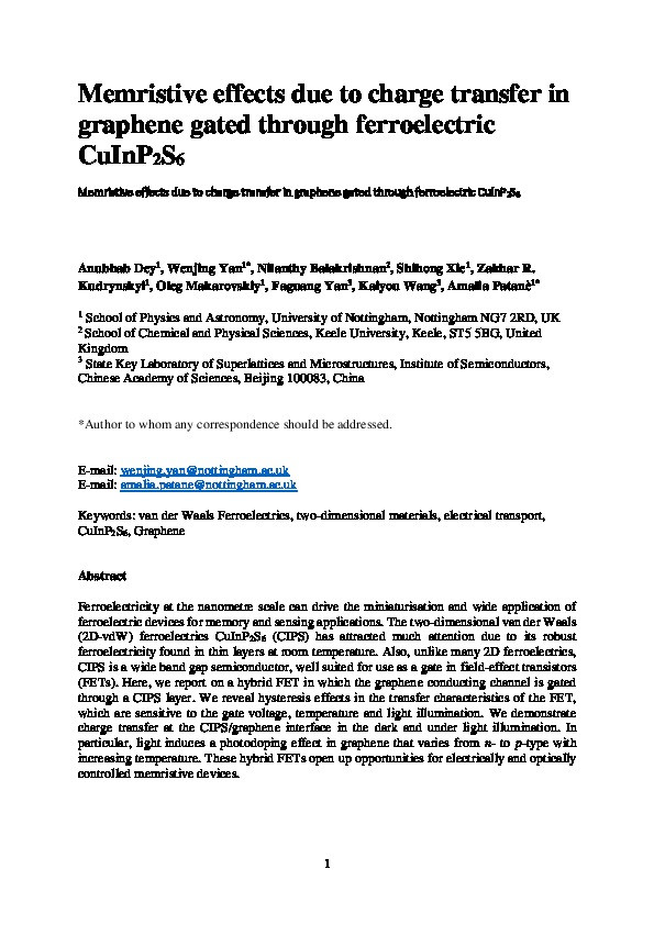 Memristive effects due to charge transfer in graphene gated through ferroelectric CuInP2S6 Thumbnail