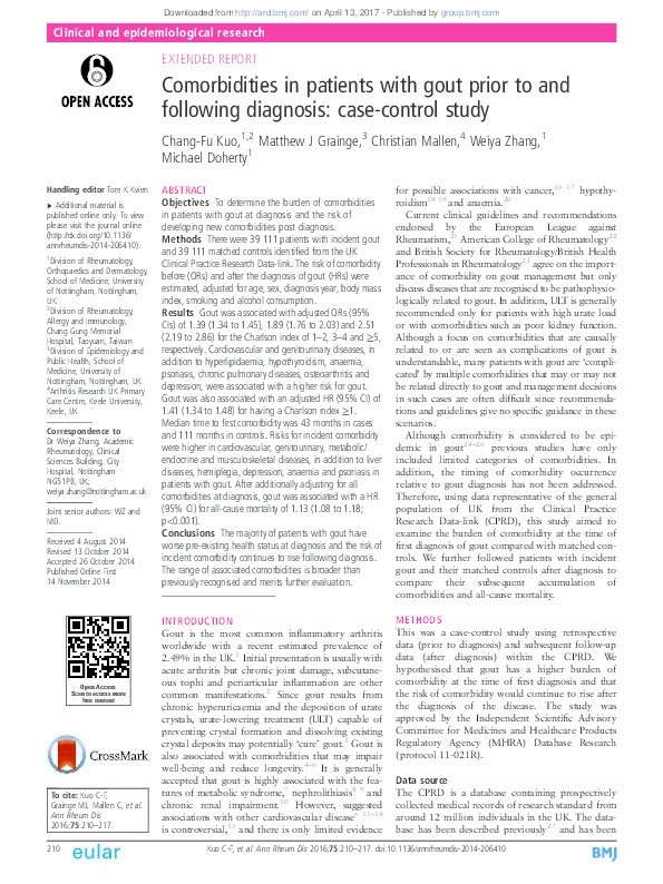 Comorbidities in patients with gout prior to and following diagnosis: case-control study Thumbnail