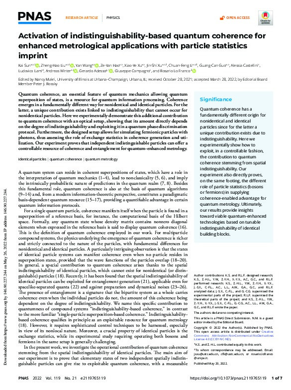 Activation of indistinguishability-based quantum coherence for enhanced metrological applications with particle statistics imprint Thumbnail