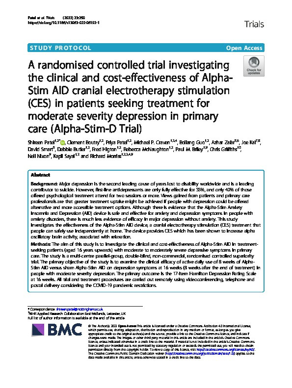 A randomised controlled trial investigating the clinical and cost-effectiveness of Alpha-Stim AID cranial electrotherapy stimulation (CES) in patients seeking treatment for moderate severity depression in primary care (Alpha-Stim-D Trial) Thumbnail