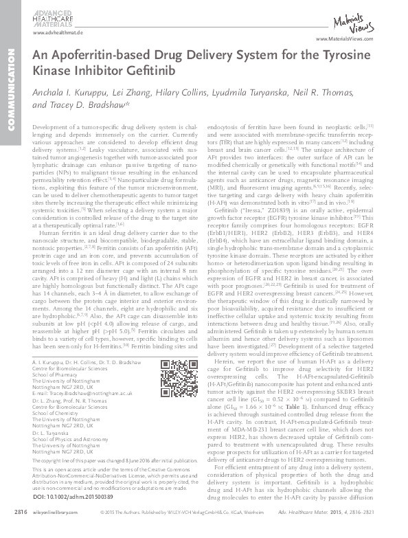 An Apoferritin-based Drug Delivery System for the Tyrosine Kinase Inhibitor Gefitinib Thumbnail