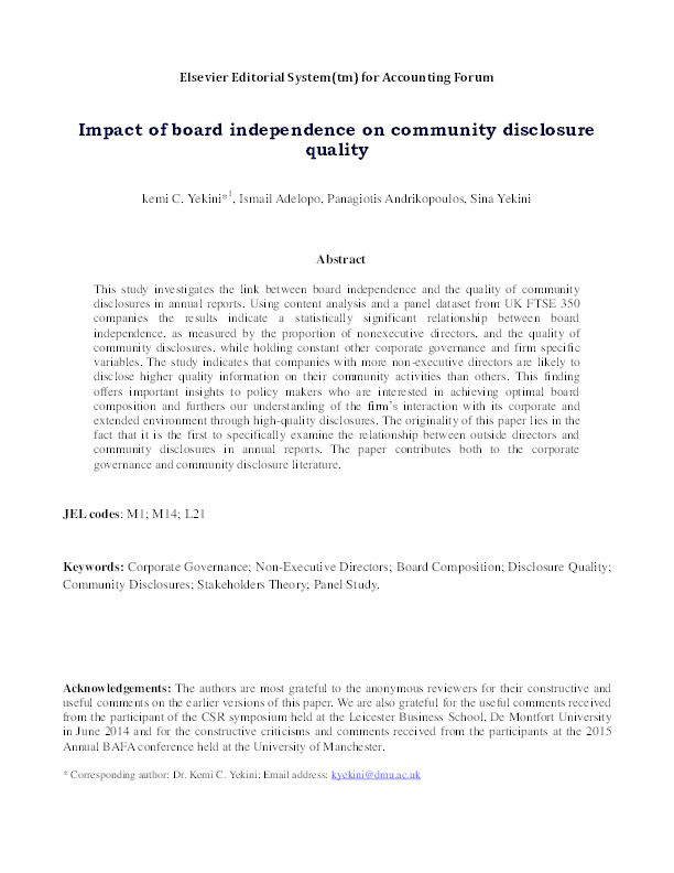 Impact of board independence on the quality of community disclosures in annual reports Thumbnail