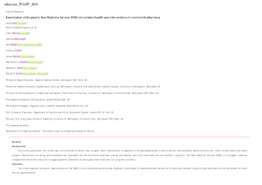 Examination of England's New Medicine Service (NMS) of complex health care interventions in community pharmacy Thumbnail