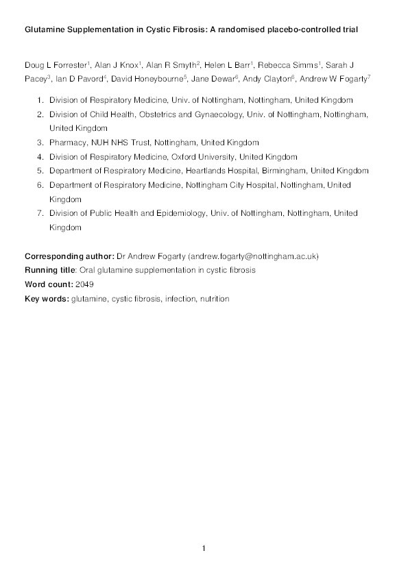 Glutamine supplementation in cystic fibrosis: A randomized placebo-controlled trial: Oral Glutamine Supplementation in Cystic Fibrosis Thumbnail