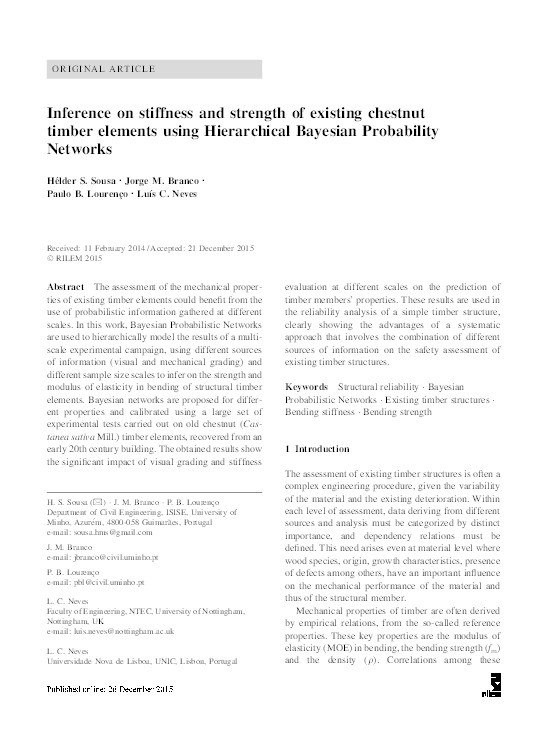 Inference on stiffness and strength of existing chestnut timber elements using Hierarchical Bayesian Probability Networks Thumbnail