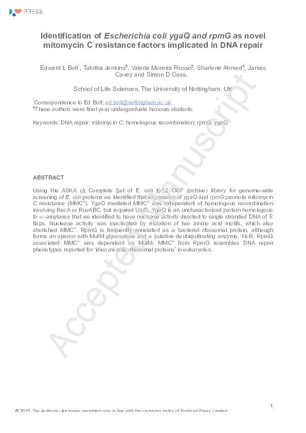 Identification of Escherichia coli ygaQ and rpmG as novel mitomycin C resistance factors implicated in DNA repair Thumbnail