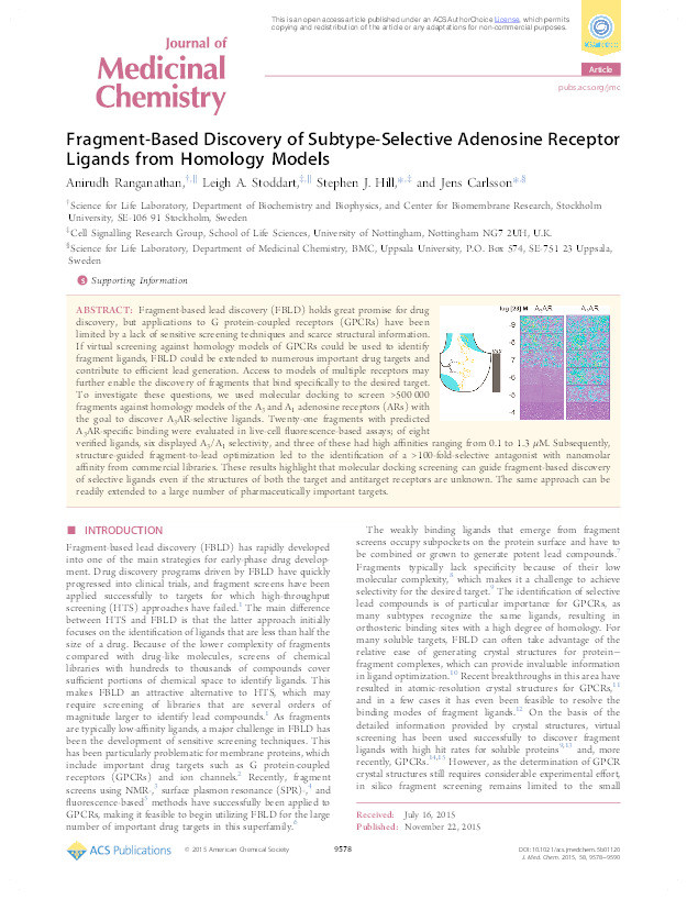 Fragment-Based Discovery of Subtype-Selective Adenosine Receptor Ligands from Homology Models Thumbnail