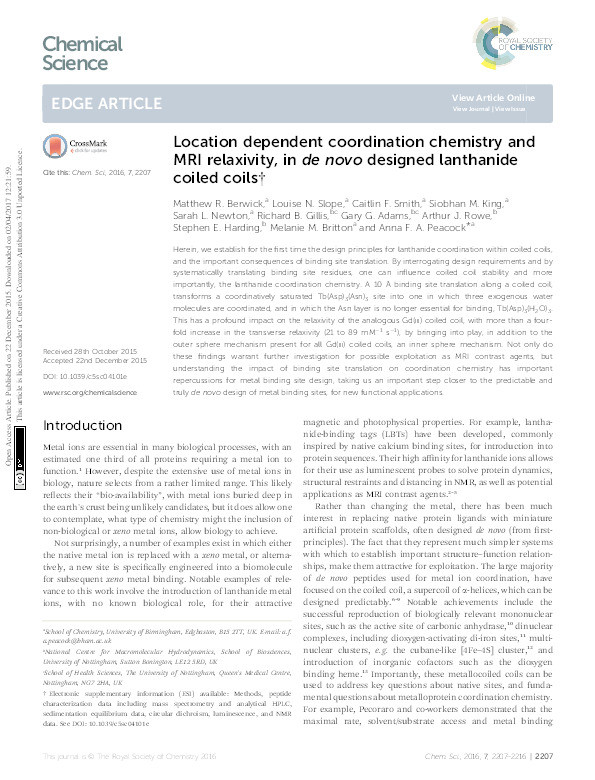 Location dependent coordination chemistry and MRI relaxivity, in de novo designed lanthanide coiled coils Thumbnail