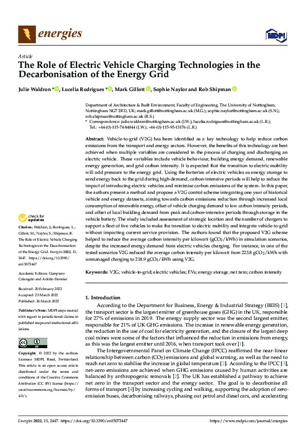 The Role of Electric Vehicle Charging Technologies in the Decarbonisation of the Energy Grid Thumbnail