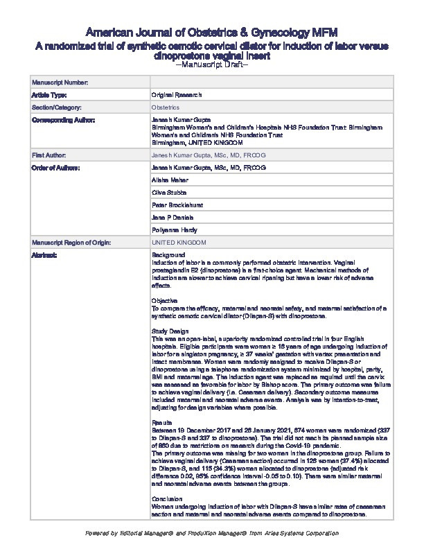 A randomized trial of synthetic osmotic cervical dilator for induction of labor vs dinoprostone vaginal insert Thumbnail