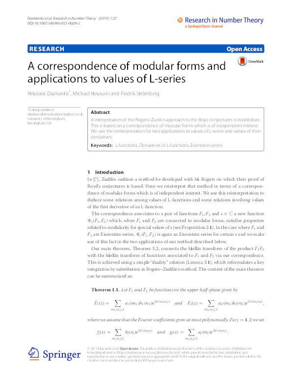 A correspondence of modular forms and applications to values of L-series Thumbnail