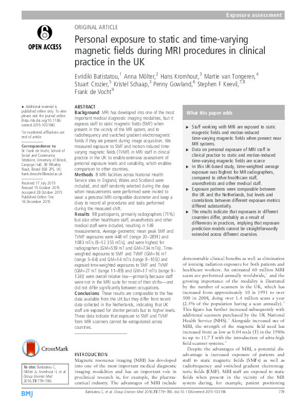 Personal exposure to static and time-varying magnetic fields during MRI procedures in clinical practice in the UK Thumbnail