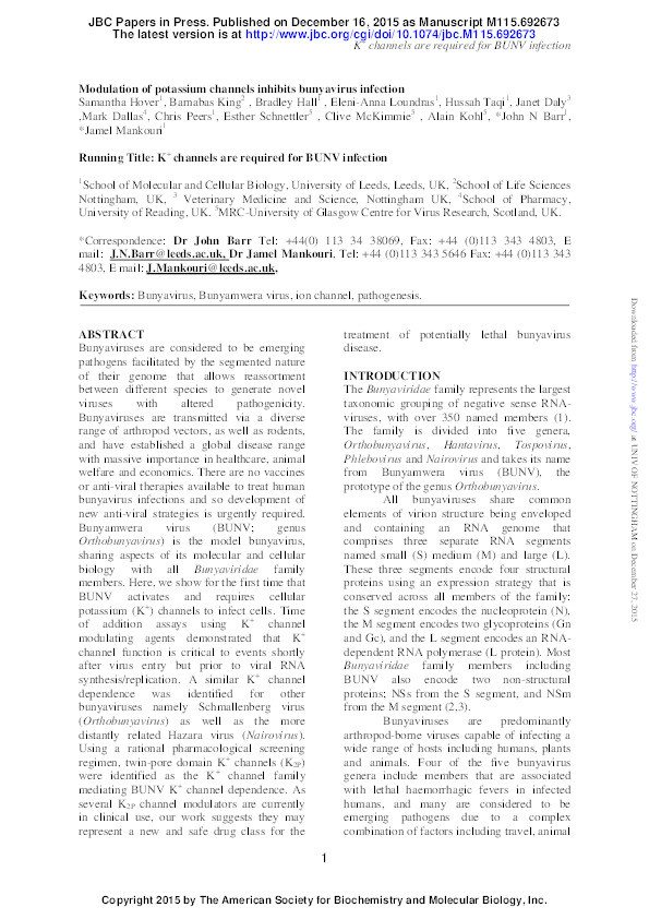 Modulation of potassium channels inhibits bunyavirus infection Thumbnail