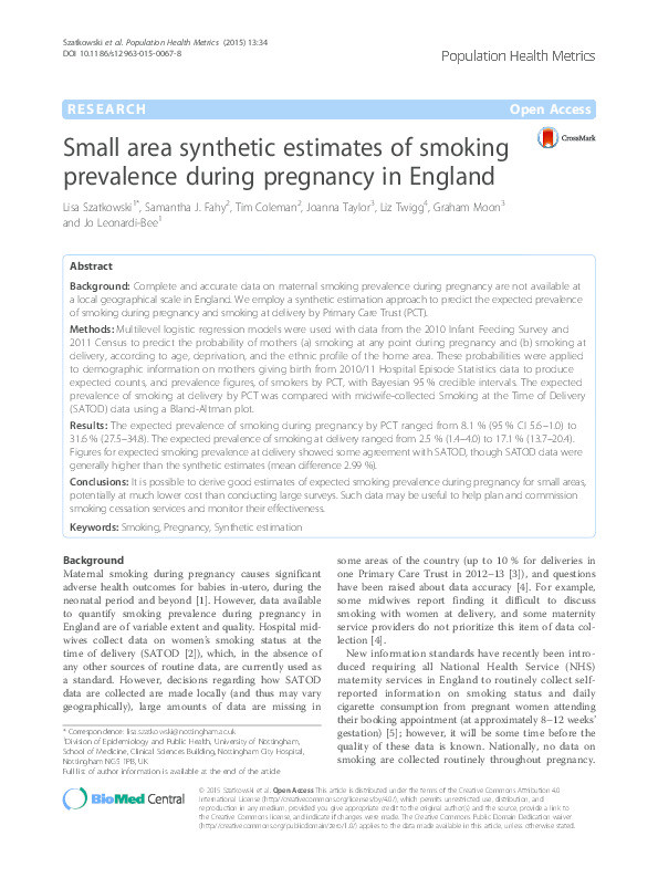 Small area synthetic estimates of smoking prevalence during pregnancy in England Thumbnail