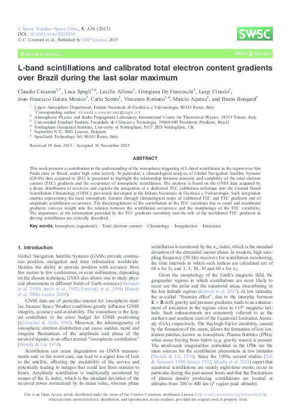 L-band scintillations and calibrated total electron content gradients over Brazil during the last solar maximum Thumbnail