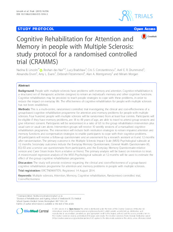 Cognitive Rehabilitation for Attention and Memory in people with Multiple Sclerosis: study protocol for a randomised controlled trial (CRAMMS) Thumbnail