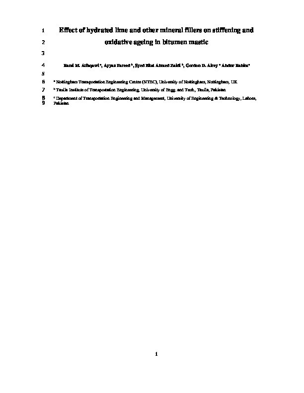 Effect of hydrated lime and other mineral fillers on stiffening and oxidative ageing in bitumen mastic Thumbnail