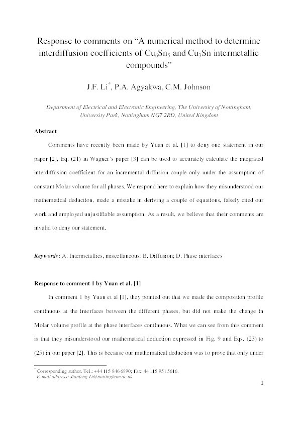 Response to comments on “A numerical method to determine interdiffusion coefficients of Cu6Sn5 and Cu3Sn intermetallic compounds” Thumbnail